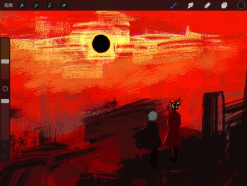 1girl 1other art_program_in_frame black_coat black_pants black_sun chinese_commentary clock cloud cloudy_sky coat coat_on_shoulders commentary_request dante_(limbus_company) dated_commentary faust_(project_moon) fire highres ivy_(675671) limbus_company object_head pants project_moon red_coat red_sky short_hair sky sun walking white_hair