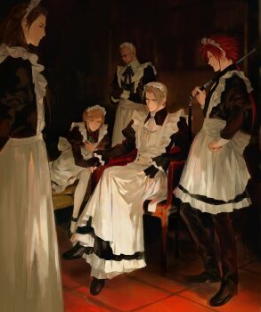 1girl 4boys absurdres alternate_costume apron aqua_eyes arms_behind_back ascot back_bow bald baton_(weapon) bindi black_dress black_footwear black_gloves black_hair black_jacket black_pants black_ribbon black_suit blonde_hair bow brown_eyes chair closed_eyes crossdressing crossed_legs dress earrings elena_(ff7) explosive facial_hair facial_mark final_fantasy final_fantasy_vii final_fantasy_vii_rebirth final_fantasy_vii_remake fingerless_gloves formal_clothes frilled_apron frills gloves goatee grenade hair_ornament hairclip hand_on_own_hip highres holding holding_baton_(weapon) holding_grenade jacket jewelry juliet_sleeves long_hair long_sleeves low_ponytail maid maid_apron maid_day maid_headdress multiple_boys multiple_earrings neck_ribbon over_shoulder pants parted_bangs parted_lips ponytail puffy_sleeves quxiaochong red_hair reno_(ff7) ribbon rude_(ff7) rufus_shinra short_hair short_hair_with_long_locks single_earring sitting smile spiked_hair suit suit_jacket sunglasses swept_bangs teeth thighhighs tile_floor tiles tseng weapon weapon_over_shoulder white_apron white_ascot white_thighhighs