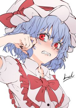 1girl artist_name bow bowtie clenched_teeth frilled_hat frills hair_between_eyes hand_up hat hat_bow highres mob_cap nail_polish nuru_himmel parted_lips pink_hat pink_skirt red_bow red_bowtie red_eyes red_nails remilia_scarlet short_hair signature simple_background skirt solo tearing_up teeth touhou white_background
