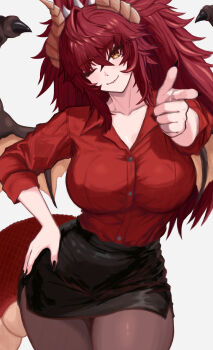 Rule 34 | 1girl, absurdres, black nails, breasts, closed mouth, collared shirt, dragon girl, dragon horns, dragon tail, dragon wings, hand on own hip, highres, horns, indie virtual youtuber, large breasts, long hair, looking at viewer, meibin, nail polish, one eye closed, pantyhose, pencil skirt, pointing, pointing at viewer, ponytail, red hair, red shirt, shirt, skirt, smile, solo, tail, virtual youtuber, wings, yellow eyes, zentreya, zentreya (dragon)