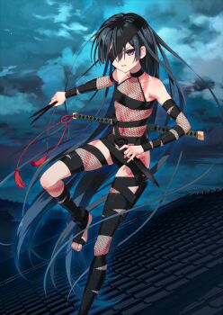 1girl asymmetrical_dual_wielding bare_shoulders black_choker black_hair black_ribbon blue_background breasts choker cleavage closed_mouth detached_sleeves dual_wielding eyepatch fate/grand_order fate_(series) fishnet_leotard fishnet_sleeves fishnets foot_out_of_frame full-body_tattoo hair_between_eyes halterneck hiroyama_hiroshi holding holding_kunai holding_weapon kunai leg_up leotard long_hair looking_at_viewer mochizuki_chiyome_(fate) mochizuki_chiyome_(first_ascension)_(fate) no_shoes official_art one_eye_covered purple_eyes ribbon rooftop small_breasts solo tattoo third-party_source toes v-shaped_eyebrows variant_set very_long_hair weapon