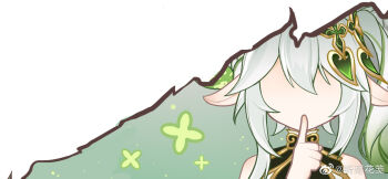 Rule 34 | 1girl, commentary request, detached sleeves, finger to mouth, genius invokation tcg (style), genshin impact, gradient hair, green hair, hair between eyes, hair ornament, long hair, multicolored hair, nahida (genshin impact), pointy ears, side ponytail, sidelocks, simple background, solo, watermark, weibo watermark, white hair, zhejin huajian