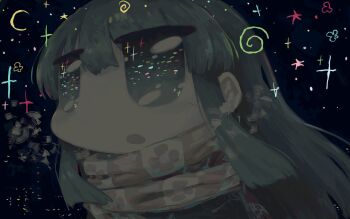 1girl absurdres blue_eyes blue_hair breath city_lights crescent_moon eye_reflection hado_fun highres jitome long_hair moon night no_nose open_mouth original pink_scarf print_scarf reflection scarf sidelocks sky solo spiral star_(sky) starry_sky