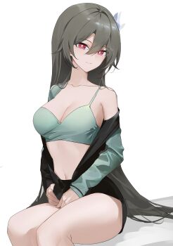 1girl absurdres baiser3rd black_shorts black_sleeves bra breasts closed_mouth commentary_request green_bra green_sleeves grey_hair hair_ornament highres honkai_(series) honkai_impact_3rd korean_commentary large_breasts long_hair long_sleeves looking_at_viewer midriff navel red_eyes shorts simple_background single_off_shoulder sitting smile solo underwear very_long_hair vita_(honkai_impact) white_background yellow_pupils