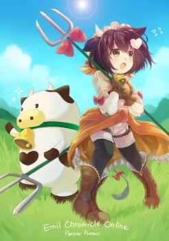 Rule 34 | 1girl, bandana, bell, belt, black thighhighs, blue sky, boots, brown boots, brown eyes, brown hair, clothes around waist, collar, copyright name, cow, cow girl, cow horns, cowbell, emil chronicle online, flying sweatdrops, frilled hairband, frills, green collar, hairband, holding, holding polearm, holding weapon, horns, iris anemone, jacket, jacket around waist, meadow, momo alma, open mouth, orange bandana, orange jacket, polearm, red ribbon, ribbon, shirt, shorts, sky, thighhighs, two side up, weapon, white shirt, white shorts