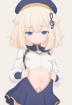 1girl beret blonde_hair blue_dress blue_eyes blush bombergirl brass_(bombergirl) breasts closed_mouth clothing_cutout cowboy_shot dress fortissimo framed_breasts hair_flaps hair_ornament hat loli long_sleeves looking_at_viewer medium_hair moke_(moke_dayo) musical_note musical_note_hair_ornament navel navel_cutout puffy_long_sleeves puffy_sleeves shirt simple_background small_breasts solo treble_clef white_background white_shirt