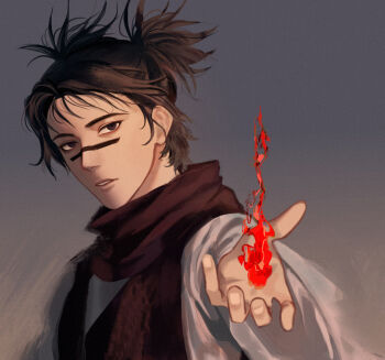 1boy black_eyes black_hair choso_(jujutsu_kaisen) commentary_request facial_mark fire gradient_background grey_background holding_flame jujutsu_kaisen kotomine_(a1569) male_focus pyrokinesis scarf short_hair short_twintails simple_background solo twintails upper_body wide_sleeves