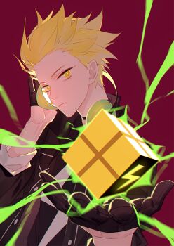 1boy black_gloves black_jacket blonde_hair bright_pupils chinese_commentary closed_mouth commentary_request cookie_run cookie_run:_ovenbreak cube electricity foreshortening frown gloves hair_behind_ear hair_slicked_back half_gloves hands_up humanization jacket lemon_cookie lemon_cookie_(unlimited_potential) lightning_bolt_symbol looking_at_viewer male_focus official_alternate_costume red_background reloon short_hair simple_background slit_pupils solo three-quarter_sleeves upper_body very_short_hair white_pupils yellow_eyes