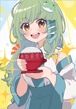 1girl :d blue_hakama blush collared_shirt commentary_request detached_sleeves dress_shirt frog_hair_ornament green_hair hair_ornament hakama hakama_skirt highres holding japanese_clothes kochiya_sanae long_hair long_sleeves looking_at_viewer notice_lines open_mouth orange_eyes shirt skirt sleeveless sleeveless_shirt smile snake_hair_ornament solo sparkle teeth touhou translation_request upper_teeth_only v-shaped_eyebrows very_long_hair white_shirt white_sleeves wide_sleeves yamase