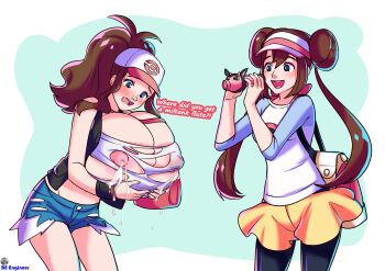 2girls absurdres be_engineer blue_eyes blush breast_expansion breasts female_focus gen_2_pokemon gigantic_breasts hat highres hilda_(pokemon) huge_breasts lactation large_areolae large_nipples long_hair medium_breasts miltank multiple_girls nintendo nipples pokemon pokemon_bw pokemon_bw2 ponytail rosa_(pokemon) shorts simple_background torn_clothes
