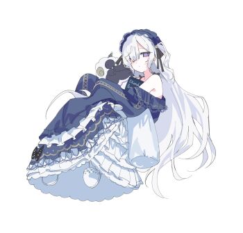 1girl bare_shoulders blue_hairband bow commentary_request dress frilled_dress frilled_skirt frilled_sleeves frills gothic_lolita hair_over_one_eye hairband highres holding holding_sketchbook korean_commentary lolita_fashion lolita_hairband long_hair long_sleeves looking_at_viewer mahou_shoujo_no_majo_saiban natsume_an-an pippi663 polka_dot polka_dot_bow purple_eyes simple_background sketchbook skirt sleeve_bow sleeves_past_fingers sleeves_past_wrists slippers solo stuffed_animal stuffed_sheep stuffed_toy white_background white_hair white_slippers