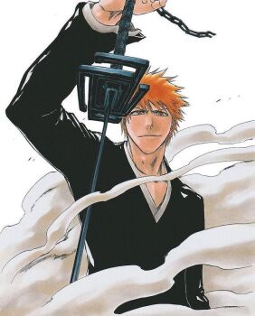 Rule 34 | 1boy, bankai, bleach, brown eyes, closed mouth, collarbone, holding, holding sword, holding weapon, japanese clothes, kubo tite, kurosaki ichigo, looking at viewer, male focus, official art, orange hair, shihakusho, short hair, simple background, smile, spiked hair, sword, tensa zangetsu (bankai), weapon, white background, zanpakutou