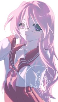 1girl :d barusamiko_su3 commentary_request glasses highres long_hair lucky_star neckerchief open_mouth pink_hair pink_neckerchief pleated_skirt purple_eyes red_sailor_collar red_skirt round_eyewear ryouou_school_uniform sailor_collar school_uniform shirt simple_background skirt smile takara_miyuki white_background white_shirt