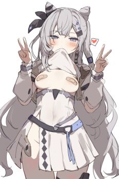 1girl bandaid bandaids_on_nipples breasts clothes_in_mouth cone_hair_bun cowboy_shot double_bun double_v grey_eyes grey_hair hair_bun hair_ribbon heart high-waist_skirt highres hololive hololive_indonesia lifting_own_clothes long_hair medium_breasts mouth_hold no_panties orobou pasties ribbon shirt_in_mouth skirt solo spoken_heart v very_long_hair vestia_zeta vestia_zeta_(1st_costume) virtual_youtuber white_skirt