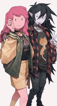 2girls adventure_time arm_around_shoulder black_hair choker collarbone colored_skin couple eyebrow_piercing face_piercing forked_tongue grey_skin heart heart_choker highres jacket jewelry knifedragon letterman_jacket marceline_abadeer multiple_girls necklace piercing pink_hair pink_skin pointy_ears princess_bonnibel_bubblegum smile tongue v vampire