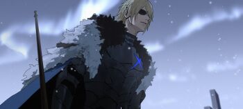 1boy armor aurora black_armor black_fur blonde_hair blue_cape breastplate cape cha_(fvaw7353) commentary dimitri_alexandre_blaiddyd dimitri_alexandre_blaiddyd_(timeskip) eyepatch fire_emblem fire_emblem:_three_houses hair_over_one_eye hashtag-only_commentary male_focus nintendo one_eye_covered parted_bangs parted_lips polearm snowing solo standing weapon white_fur