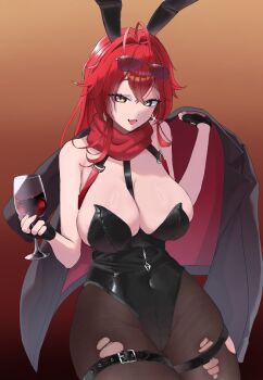 1girl alcohol between_breasts black_leotard breasts cup drinking_glass goddess_of_victory:_nikke highres holding holding_cup leotard nakatomi1860729 no_horns official_alternate_costume red_hair red_hood_(nikke) red_wine solo strap_between_breasts wine wine_glass yellow_eyes