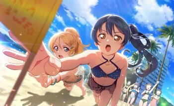 Rule 34 | 2girls, ayase eli, barefoot, beach, bikini, blonde hair, blue eyes, blue hair, blurry, blurry foreground, breasts, collarbone, day, dive, faceless, faceless female, fingernails, flag, foreshortening, game cg, hair ornament, hairclip, highres, love live!, love live! school idol festival 2, love live! school idol project, multiple girls, official art, open mouth, orange eyes, outdoors, ponytail, side ponytail, small breasts, sonoda umi, swimsuit, third-party source, x hair ornament
