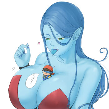 Rule 34 | 1boy, 1girl, arinsu (kodamamaimai), bandana, bare shoulders, blindfold, blue hair, blue nails, blue skin, blue tongue, breasts, cleavage, colored skin, colored tongue, commentary request, covered erect nipples, dragon quest, dragon quest viii, dress, fang, fang out, giant, giantess, green eyes, heart, hero (dq8), highres, huge breasts, lipstick, long hair, makeup, person between breasts, pointy ears, purple lips, red dress, solo focus, speech bubble, strapless, strapless dress, sweatdrop, tongue, tongue out, upper body, witch lady (dq8)