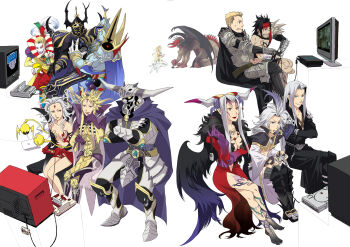 00s 1980s_(style) 1990s_(style) 3girls arita_youko armor barefoot blonde_hair brown_hair cape cefca_palazzo chaos_(dff) cloud_of_darkness clown cosmos_(dff) crossed_arms dissidia_final_fantasy dress emperor_(ff2) emperor_mateus everyone exdeath extra_arms famicom feet final_fantasy final_fantasy_i final_fantasy_ii final_fantasy_iii final_fantasy_iv final_fantasy_ix final_fantasy_v final_fantasy_vi final_fantasy_vii final_fantasy_viii final_fantasy_x final_fantasy_xi final_fantasy_xii gabranth gabranth_(ff12) game_console garland_(ff1) golbez handheld_game_console headband helmet highres horns in-franchise_crossover jecht kuja multi_limb multiple_girls nail_polish nes nintendo_ds oldschool playing_games playstation_1 playstation_2 playstation_portable pocketstation prostration retro_artstyle rogues_gallery sephiroth smile snake spoilers super_famicom super_nintendo tarutaru tattoo television ultimecia video_game white_hair wings