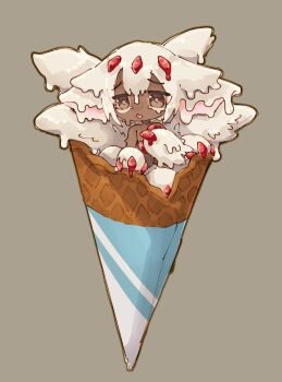 1girl animal_ears bright_pupils brown_background brown_eyes chibi claws commentary dark-skinned_female dark_skin extra_arms faputa food hand_up i7go34 ice_cream_cone in_food looking_at_viewer made_in_abyss melting mini_person minigirl multiple_tails open_mouth pink_pupils simple_background solo symbol-only_commentary tail topless_female white_fur white_hair white_tail