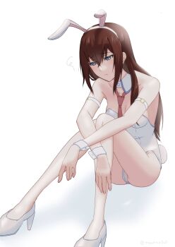 1girl absurdres animal_ears arm_belt belt brown_hair crossed_wrists detached_collar fake_animal_ears groin hair_between_eyes high_heels highres leotard long_hair makise_kurisu necktie playboy_bunny pout purple_eyes rabbit_ears red_necktie science_adventure sitting solo steins;gate strapless strapless_leotard tayutau0a0 white_belt white_leotard