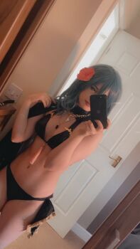 1girl bikini black_bikini blue_hair breasts female_byleth_(fire_emblem) female_byleth_(summer)_(fire_emblem) byleth_(fire_emblem)_(cosplay) cape cosplay cosplay_photo dutch_angle fire_emblem fire_emblem:_three_houses fire_emblem_heroes flower hair_flower hair_ornament holding holding_phone iloveballs666 indoors jewelry long_hair mirror mirror_image mirror_reflection necklace nintendo phone photo_(medium) small_breasts solo swimsuit thick_thighs thighs