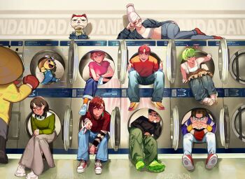5boys 6+girls absurdres alien_print antennae artist_name ayase_momo ayase_seiko black_hair black_jacket blue_pants boxing_gloves brown_hair cat character_request chiquitita closed_mouth colored_skin copyright_name dandadan denim enjoji_jin glasses green_hair green_pants green_sweater grey_pants hashtag-only_commentary highres indoors jacket jeans laundromat long_hair looking_at_viewer mr._mantis_shrimp multiple_boys multiple_girls navel open_clothes open_jacket open_mouth orange_shirt pants pink_shirt red_shoes sakata_kinta sawaki_rin shiratori_aira_(dandadan) shirt shoes short_hair smile sneakers sweater t-shirt takakura_ken_(dandadan) tongue tongue_out turbo_granny_(dandadan) twitter_username v vamola_(dandadan) washing_machine white_hair white_shoes yellow_skin yuqi_non