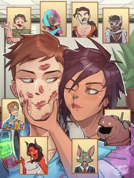 4girls 6+boys after_kiss artist_name artisticfelixd bat_boy black_hair blue_hair blue_lips brown_eyes brown_hair cheek_squash collarbone colored_skin commentary coupe_(dispatch) crossed_arms dark-skinned_female dark_skin demon dispatch face_piercing flambae_(dispatch) golem golem_(dispatch) headset_removed highres horns index_fingers_together indoors invisigal_(dispatch) long_hair looking_at_another looking_to_the_side malevola_(dispatch) mole multiple_boys multiple_girls nose_piercing nose_ring one_eye_closed piercing pink_hair prism_(dispatch) punch_up_(dispatch) red_lips red_skin robert_robertson short_hair sonar_(dispatch) waterboy_(dispatch) yellow_eyes