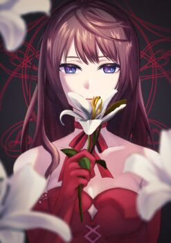1girl absurdres bare_shoulders black_background black_hair blue_eyes bow bow_choker bowtie breasts choker cleavage cleavage_cutout closed_mouth clothing_cutout collarbone commentary cross-laced_clothes cross-laced_dress diamond_cutout dress elbow_gloves english_commentary expressionless flower gloves highres holding holding_flower izusan_14 lace lace-trimmed_gloves lace_trim large_breasts lilith_(shining_nikki) lily_(flower) lipstick long_hair magic_circle makeup nikki_(series) red_bow red_bowtie red_choker red_dress red_gloves red_lips shining_nikki single_stripe solo straight-on strapless strapless_dress striped_bow striped_bowtie striped_clothes tsurime upper_body very_long_hair white_flower