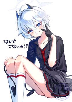 1girl black_gloves black_shirt black_skirt blue_archive blue_eyes blush collared_shirt demon_girl demon_horns demon_tail erika_(blue_archive) gloves grin hair_between_eyes halo hand_on_own_knee hand_up happy highres horns kneehighs knees_up legs_together medium_hair miniskirt necktie pleated_skirt red_necktie shirt sitting skirt smile socks solo tail v white_hair white_halo zonne=quael