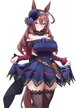 Rule 34 | 1girl, ahoge, animal ears, black thighhighs, blue dress, blue flower, blue hat, blue rose, blush, breasts, brown hair, closed mouth, commentary request, cosplay, cowboy shot, dagger, dress, feet out of frame, flower, hair between eyes, hairband, hat, hat flower, herohero (higashi no dou), highres, horse ears, horse girl, horse tail, knife, large breasts, long hair, long sleeves, looking at viewer, metal hairband, mihono bourbon (umamusume), off shoulder, red sleeves, rice shower (rosy dreams) (umamusume), rice shower (umamusume), rice shower (umamusume) (cosplay), rose, silver hairband, simple background, skindentation, skirt hold, solo, standing, strapless, strapless dress, tail, thighhighs, tilted headwear, umamusume, weapon, white background, zettai ryouiki