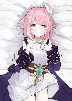 1girl absurdres bare_shoulders blue_eyes breasts coat commentary_request cyrene_(aedes_elysiae)_(honkai:_star_rail) cyrene_(honkai:_star_rail) dress hair_ornament highres honkai:_star_rail honkai_(series) jewelry looking_at_viewer lying multicolored_hair necklace on_back purple_coat revision rs_(airglow) short_hair small_breasts smile solo thighs twitter_username two-tone_hair white_dress white_hair