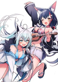 Rule 34 | 2girls, absurdres, ahoge, animal ear fluff, animal ears, arm up, bikini, black hair, blue bikini, blush, breasts, cleavage, eyelashes, fang, feet, fox girl, green eyes, guitar, hair between eyes, hair ornament, happy, high ponytail, highres, holding, hololive, instrument, jakoten (pixiv 54744064), long hair, looking at viewer, medium breasts, multicolored hair, multiple girls, off shoulder, official alternate costume, official alternate hairstyle, one eye closed, ookami mio, ookami mio (hololive summer 2019), open mouth, ponytail, red hair, sandals, shirakami fubuki, shorts, simple background, skin fang, smile, standing, standing on one leg, streaked hair, swimsuit, tail, toes, very long hair, virtual youtuber, white hair, white shorts, wolf ears, wolf girl, wolf tail, yellow eyes