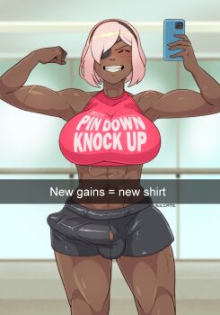 1futa abs absurdres blush breasts bulge cleavage closed_eyes clothes_writing covered_collarbone dahlia_(sulcate) dark-skinned_female dark_skin english_text erection erection_under_clothes eyepatch facing_viewer flexing fuck-me_shirt futanari grin hairband highres holding holding_phone indoors large_breasts large_penis midriff muscular muscular_female one_eye_covered open_mouth original penis phone selfie short_hair short_shorts shorts smile snapchat solo sports_bra standing sulcate tank_top testicles very_dark_skin