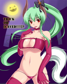 Rule 34 | 1girl, bandeau, bow, breasts, cameltoe, caved (touhou), choker, cleavage, cleavage cutout, clothing cutout, demon girl, elbow gloves, ex-keine, female focus, finger to mouth, full moon, gloves, green hair, halloween, high ponytail, horn bow, horn ornament, horns, jack-o&#039;-lantern, john (nakoto), kamishirasawa keine, large breasts, long hair, lowleg, lowleg panties, midriff, moon, navel, panties, pink thighhighs, ponytail, purple background, red eyes, shiny skin, sidelocks, skindentation, solo, strapless, tail, thighhighs, tongue, touhou, tube top, underboob, underwear