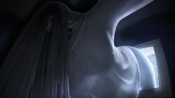 1girl absurdres black_eyes black_hair bottomless breasts cleavage crazy_eyes crt dress ghost gigantic_breasts hair_over_face hair_over_one_eye hanging_breasts highres horror_(theme) long_hair looking_at_viewer nipples outstretched_arms pale_skin see-through_clothes static television the_ring through_medium through_screen wass_nonnam white_dress yamamura_sadako