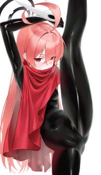 1girl absurdres ahoge alternate_costume black_bodysuit blue_archive bodysuit breasts cape cosplay covered_navel hair_between_eyes highres hollow_knight hollow_knight:_silksong hornet_(hollow_knight) hornet_(hollow_knight)_(cosplay) huge_ahoge long_hair mole mole_under_eye neru_(blue_archive) not_forever2w red_cape red_eyes red_hair solo split standing standing_on_one_leg standing_split