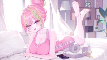 1girl absurdres bedroom blush breasts cellphone cleavage closed_mouth commentary_request commission curtains full_body green_streaks hair_bun hand_up headphones headphones_removed highres indoors korean_commentary lamp large_breasts legs_up looking_at_viewer lying multicolored_hair on_bed on_stomach original parted_bangs phone pink_eyes pink_hair pink_shirt pink_shorts shelf shirt shorts single_hair_bun sleeveless sleeveless_shirt smartphone solo streaked_hair tongue tongue_out window yioro