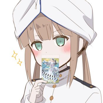 Rule 34 | 1boy, androgynous, blonde hair, blue hair, blush, captain nemo (fate), captain nemo (first ascension) (fate), card, commentary request, covering own mouth, fate/grand order, fate (series), gradient hair, green eyes, hat, hat feather, holding, holding card, jacket, long hair, long sleeves, looking at viewer, male focus, military uniform, multicolored hair, naval uniform, nemo (fate), servant card (fate/grand order), simple background, solo, sparkle, tanutika, turban, twintails, van gogh (fate), van gogh (third ascension) (fate), very long hair, white background