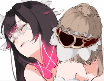 2girls bare_shoulders black_hair black_hairband blunt_bangs blush brown_hair closed_eyes closed_mouth collarbone columbina_(genshin_impact) commentary_request eye_mask feathered_wings genshin_impact gradient_hair grey_mask hair_bun hair_ornament hairband head_on_another's_shoulder head_wings highres lips long_hair mask multicolored_hair multiple_girls multiple_wings pink_hair sa_3987 sandrone_(genshin_impact) short_hair_with_long_locks sidelocks simple_background two-tone_hair upper_body white_background white_headdress wings x_hair_ornament yuri
