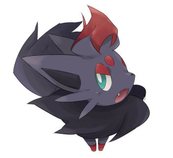 bright_pupils commentary_request fang full_body gen_5_pokemon green_eyes looking_at_viewer nakamura_sandayo nintendo no_humans open_mouth pokemon pokemon_(creature) pokemon_focus solo standing white_background white_pupils zorua