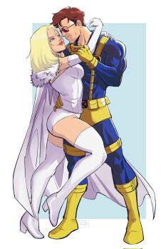 Rule 34 | 1girl, ass, blonde hair, blue eyes, breasts, cape, cleavage, cyclops (x-men), dumbdelvon, earrings, emma frost, gloves, highres, jewelry, large breasts, lipstick, makeup, marvel, short hair, thick thighs, thighhighs, thighs, x-men