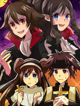2boys 2girls alternate_eye_color bat_(animal) blue_eyes brown_eyes brown_hair clenched_hands cross fangs fingernails halloween high_collar highres hilbert_(pokemon) hilda_(pokemon) holding holding_cross long_fingernails looking_at_viewer multiple_boys multiple_girls nate_(pokemon) nintendo nun pokemon pokemon_bw pokemon_bw2 priest red_eyes riu00 rosa_(pokemon) sharp_fingernails traditional_nun vampire