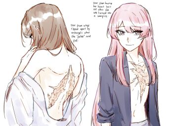 2girls alternate_universe bang_dream! bang_dream!_it&#039;s_mygo!!!!! brown_hair chihaya_anon closed_mouth commentary english_commentary english_text fallen_angel grey_eyes highres long_hair multiple_girls nagasaki_soyo niigouki off_shoulder open_clothes open_shirt pink_hair scar scar_on_back scar_on_chest simple_background upper_body vampire white_background