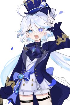 1girl :d ahoge arm_up ascot blue_ascot blue_bow blue_eyes blue_gemstone blue_hair blue_hat blue_jacket bow commentary_request cowboy_shot dot_nose drop-shaped_pupils furina_(genshin_impact) gem genshin_impact gloves hair_between_eyes hat heterochromia highres hydro_symbol_(genshin_impact) jacket long_hair long_sleeves looking_at_viewer mismatched_pupils multicolored_hair open_mouth shorts simple_background smile solo symbol-shaped_pupils thigh_strap top_hat twitter_username usmt338 vest vision_(genshin_impact) white_background white_gloves white_hair white_shorts white_vest