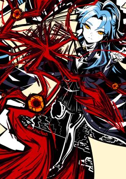 1girl absurdres angela_(project_moon) black_pants black_skirt blue_coat blue_eyes book coat collared_shirt frilled_sleeves frills highres lapels library_of_ruina long_hair looking_at_viewer notched_lapels pants parted_bangs pleated_skirt project_moon revachan shirt skirt solo the_burrowing_heaven very_long_hair white_background white_shirt yellow_eyes