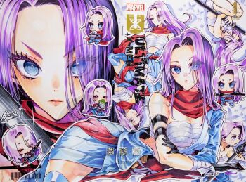 1girl barcode black_gloves blue_eyes breasts chest_sarashi chibi chibi_inset cleavage commentary copyright_logo gloves hair_down hashtag-only_commentary highres holding holding_sword holding_weapon japanese_clothes katana logo long_hair looking_at_viewer lying marvel marvel_rivals medium_breasts multiple_views on_side open_mouth psylocke psylocke_(sai) purple_hair qr_code red_scarf ringed_eyes sarashi scarf solo sunao_saito sword symbol-only_commentary underwear weapon x-men