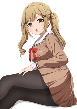 1girl :o bang_dream! black_pantyhose blonde_hair blush breasts brown_shirt brown_skirt commentary_request hair_ornament highres ichigaya_arisa large_breasts long_hair long_sleeves looking_at_viewer noshimurin open_mouth pantyhose sailor_collar school_uniform shirt sidelocks simple_background sitting skirt solo twintails v-shaped_eyebrows white_background white_sailor_collar x_hair_ornament yellow_eyes