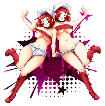 2girls absurdres bandeau batman_(series) batman_beyond belt blue_eyes boots choker dc_comics dee_dee_(batman) deidre_dennis delia_dennis freckles full_body hat highres looking_at_viewer makeup midriff mikado_ryouma multiple_girls navel nipples no_bra no_panties orange_hair parted_lips polka_dot polka_dot_background red_footwear short_hair short_shorts shorts siblings sisters smile strapless tube_top twins